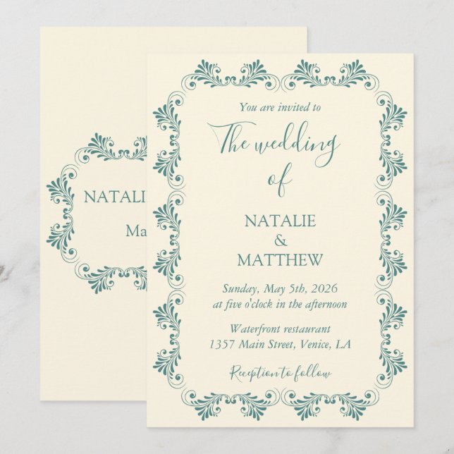 Convite Simples, Elegante, Minimalista, Ornamento Damask (Frente/Verso)