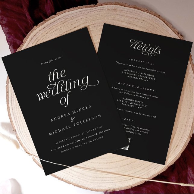 Convite Simples Elegante Romântico Tudo em Um Casamento de (Black wedding invitation with white text. Elegant and simple)