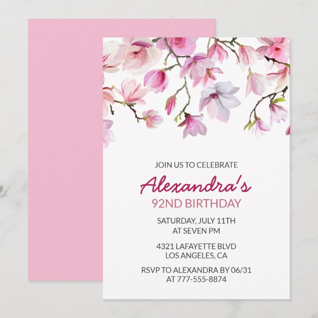 Convite Simples Elegante Rosa Boho Aquarela 92º aniversári (Frente/Verso)
