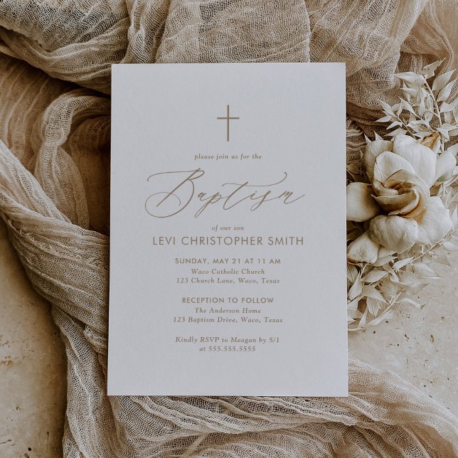 Convite Simples Elegante Tipografia Dourada Cruzada Batism (Criador carregado)