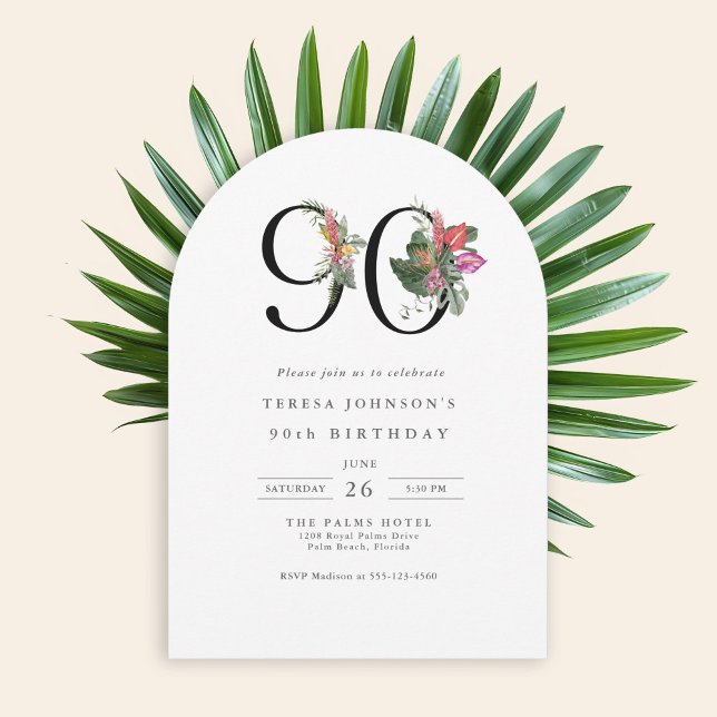 Convite Simples Elegante Tropical 90º Aniversário (Available in both printed and instant download digital formats.)