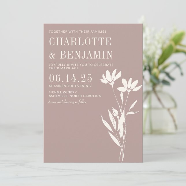 Convite Simples Elegantes Botânicos Casamento Marfim Rosa  (Em pé/Frente)