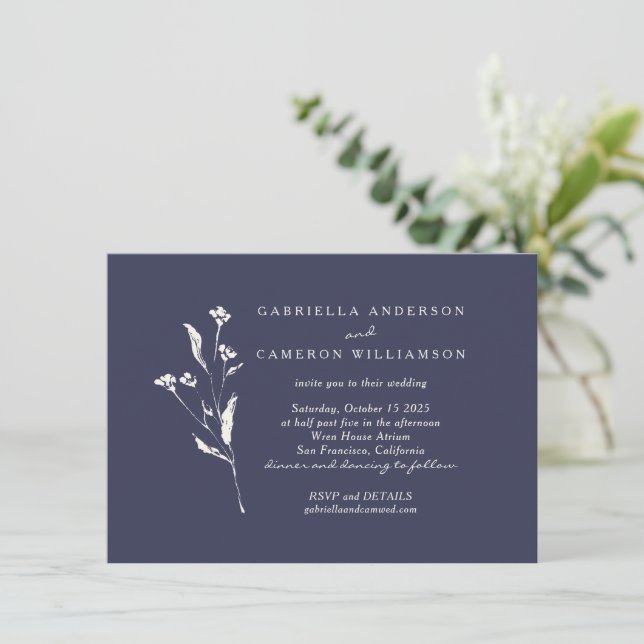 Convite Simples Elegantes Flores Casamento Azul Marinho Ma (Em pé/Frente)