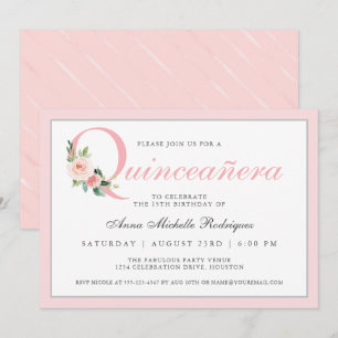 Convite Simples Elegantes Flores Rosa Quinceanera Aniversá