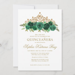 Convite Simples Esmeralda Verde Coroa Dourada Quinceañera