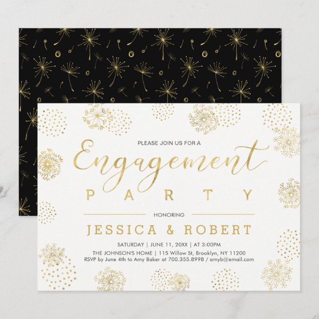 Convite Simples Estilo Dourado Festa de Noivado Casamento (Frente/Verso)