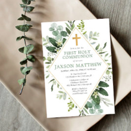 Convite Simples eucalipto moderno da Primeira Comunhão