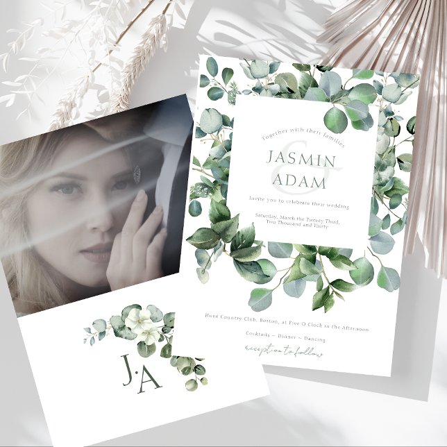 Convite Simples Eucalyptus Deixa Casamento De Foto Verde (Simple Eucalyptus Leaves Greenery Photo Wedding Invitation)