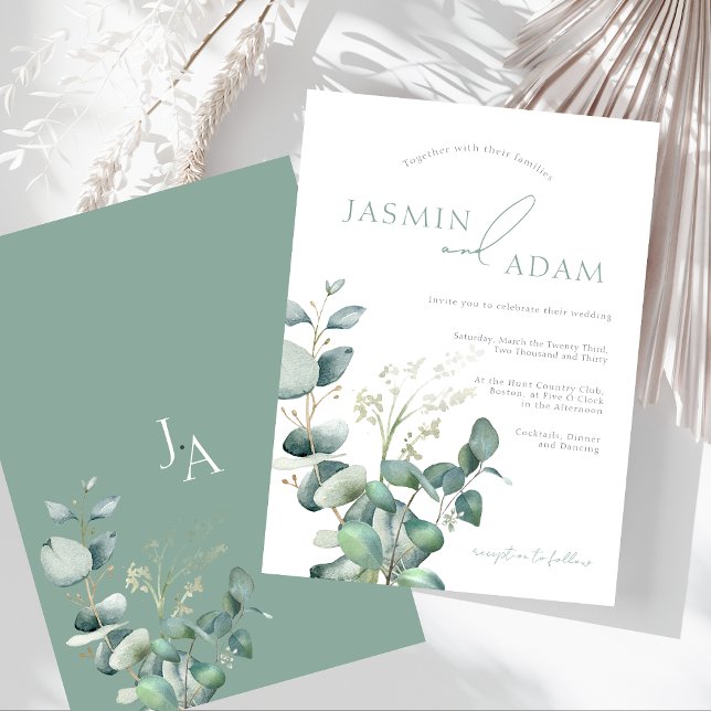 Convite Simples Eucalyptus Deixa Casamento de Monograma Ve (Simple Eucalyptus Leaves Greenery Monogram Wedding Invitation)