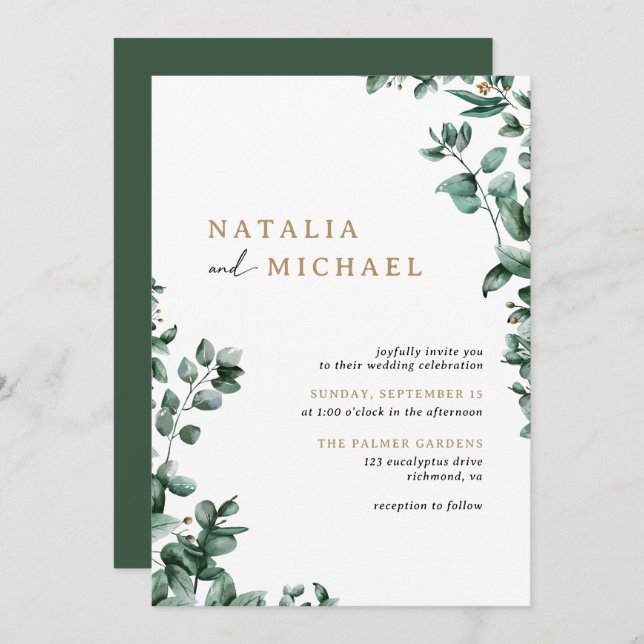 Convite Simples Eucalyptus Greenery | Casamento Casual (Frente/Verso)