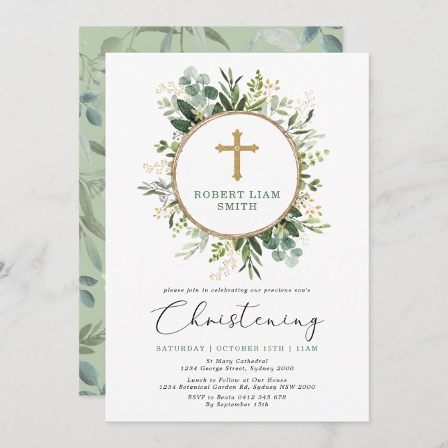 Convite Simples Eucalyptus Greenery Dourado Cross Christen (Frente/Verso)