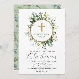 Convite Simples Eucalyptus Greenery Dourado Cross Christen