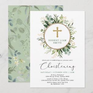 Convite Simples Eucalyptus Greenery Dourado Cross Christen