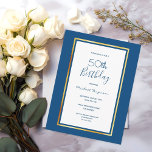 Convite simples festa de aniversário de ouro branc<br><div class="desc">Na frente: um fundo azul clássico com um quadro fino de ouro e branco. Simples e elegante! Modelos para um nome e detalhes da festa. O nome e o texto: 50º (ou qualquer idade) Aniversário são escritos com um guião estilo manuscrito, letras azuis. Perfeito para um inverno, primavera ou festa...</div>