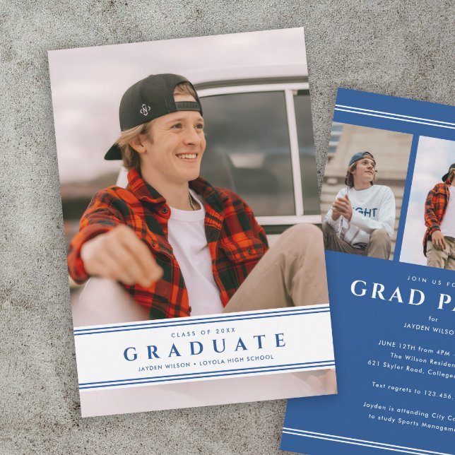 Convite Simples Festa de Formatura com Foto Esportiva Azul (Sporty blue and white photo graduation invitation announcements.)
