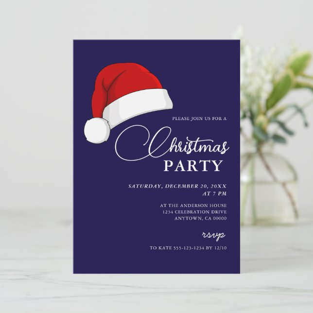 Convite Simples Festa de Natal Azul com Script de Santa Ha (Em pé/Frente)