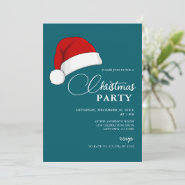 Convite Simples Festa de Natal Teal do Script Santa Hat