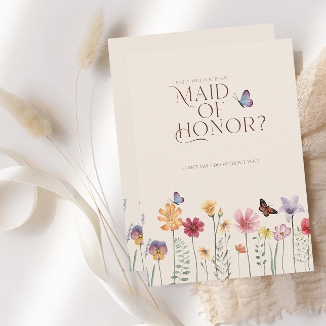 Convite Simples Flor Silvestre Colorida Seja Minha Dama de (Simple Colorful Wildflower Floral Wedding Maid of Honor Card)