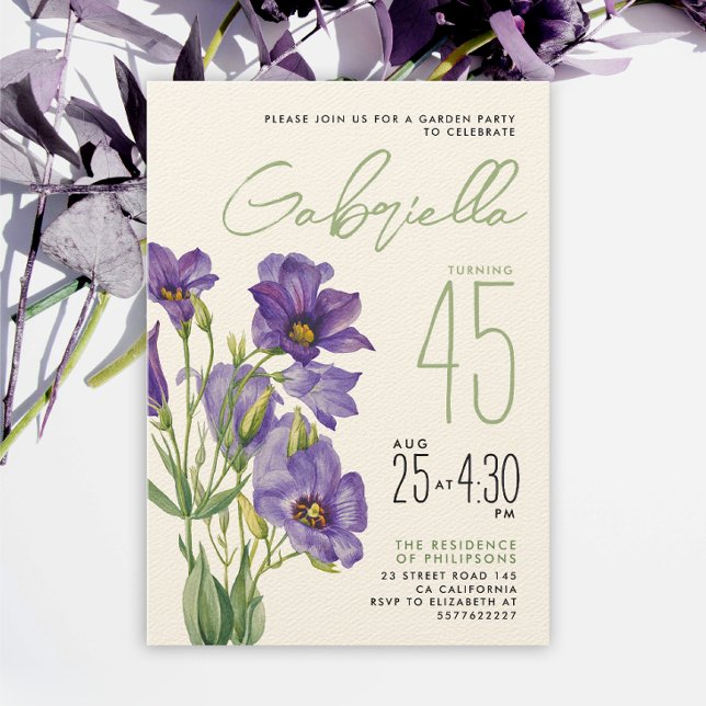 Convite Simples Flores de Lisianthus em Verde Sálvia Roxo  (Criador carregado)