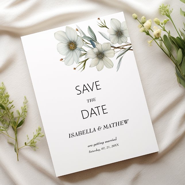 Convite Simples flores de menta brancas da primavera Salve (Simple white mint spring floral Save the Date)