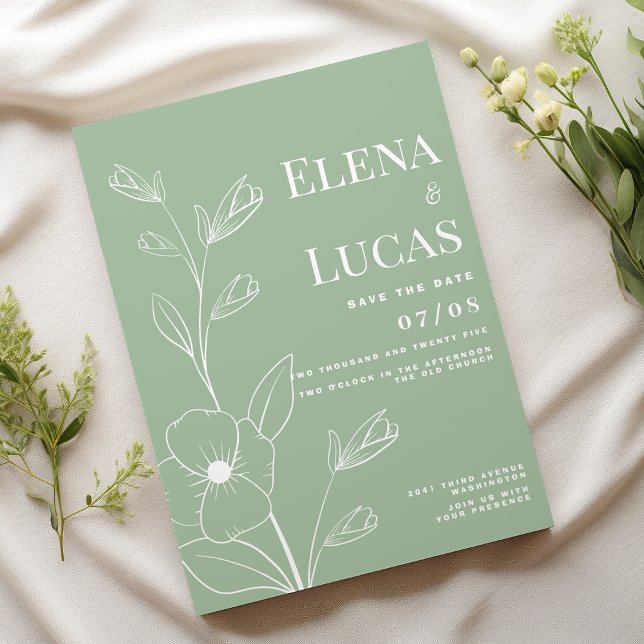 Convite Simples flores de menta brancas poeirentas esboço  (Simple white dusty mint flowers sketch wedding)