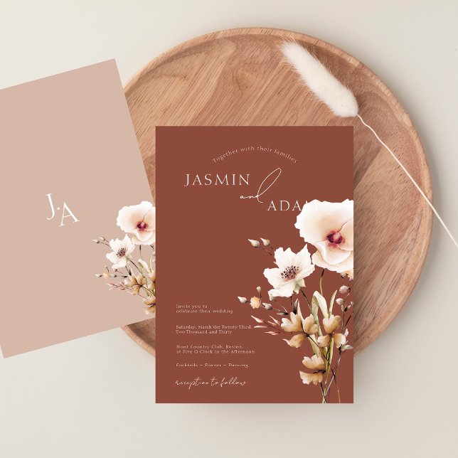 Convite Simples Flores Silvestres Rosa Terracota Casamento (Simple Terracotta Pink Wildflowers Floral Wedding Invitation)