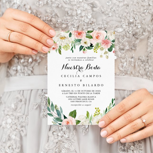 Convite Simples Folhagem Verde Nuestra Boda Casamento (Criador carregado)