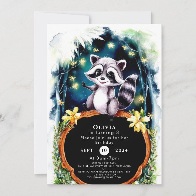 Convite Simples Forest Raccoon Birthday (Frente)
