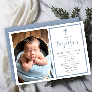 Convite Simples Fota de Baptizado de Menino Azul Minimalis