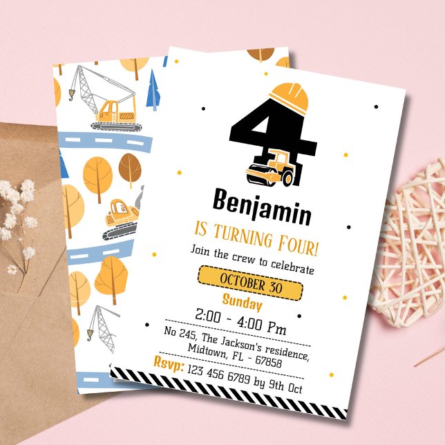 Convite Simples garotos de caminhão de construção 4 anos (Criador carregado)
