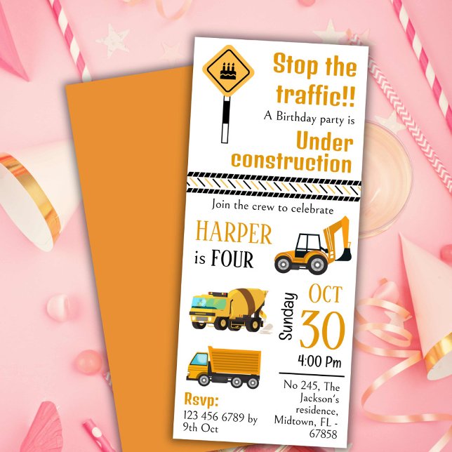 Convite Simples garotos de caminhão de construção 4 anos (Criador carregado)