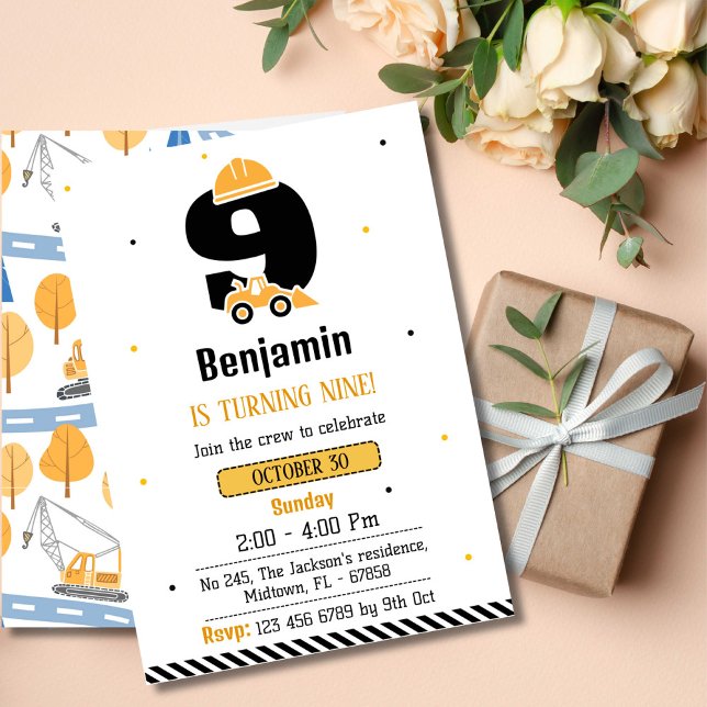 Convite Simples garotos de caminhão de construção 9º anive (Criador carregado)