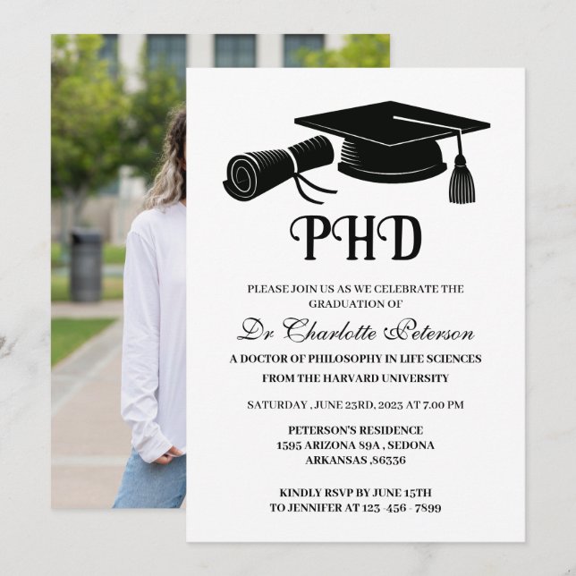Convite Simples Graduação de Doutorado PHD com Foto Person (Frente/Verso)