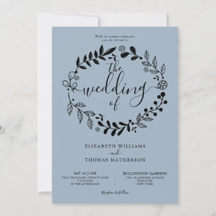 Convite Simples Grinalda Floral Azul Empoeirada Casamento