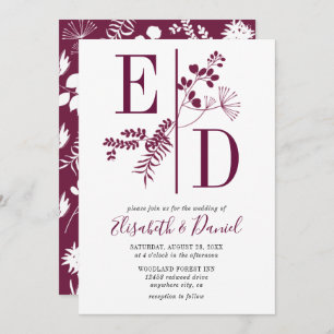Convite Simples Iniciais Modernos de Borgonha Casamento