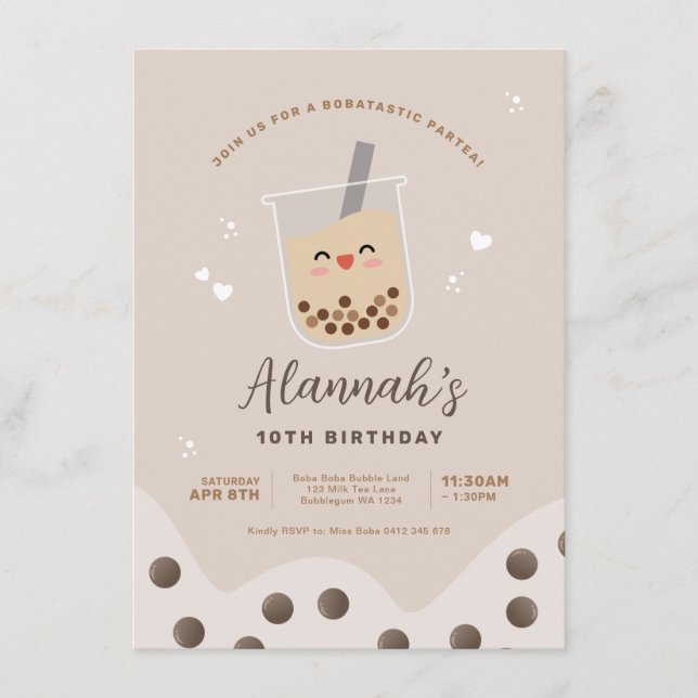 Convite Simples Kawaii Boba Bubble milk Tea Birthday (Frente)