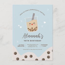 Convite Simples Kawaii Boba Bubble milk Tea Blue Birday