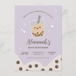 Convite Simples Kawaii Boba Bubble milk Tea Purple Birday