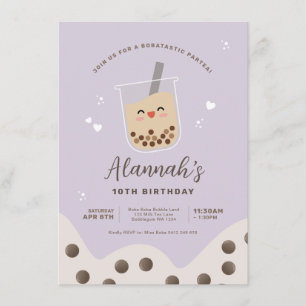 Convite Simples Kawaii Boba Bubble milk Tea Purple Birday