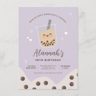 Convite Simples Kawaii Boba Bubble milk Tea Purple Birday
