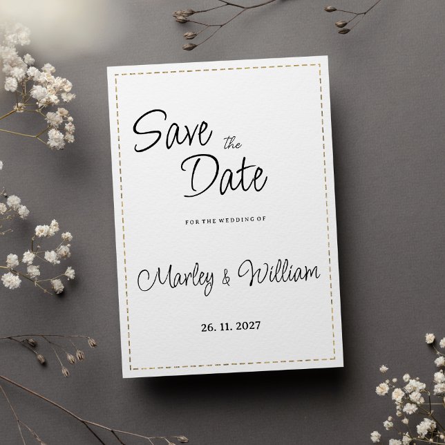 Convite Simples linha tracejada em branco preto Guardar a  (Simple black white gold dashed line Save the Date )