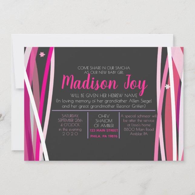 Convite SIMPLES LINHAS Jewish Baby Naming Invitation (Frente)