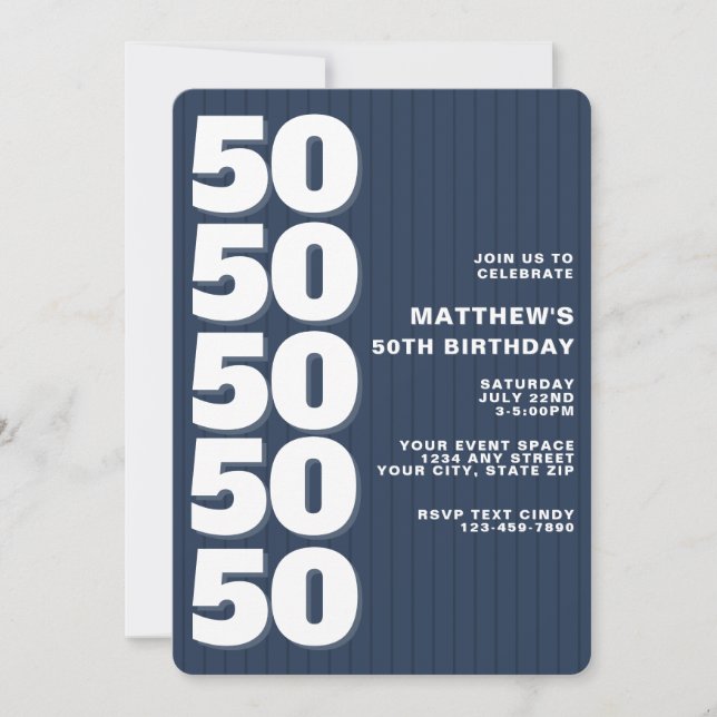 Convite Simples Listras Azuis Modernas 50º Aniversário (Frente)
