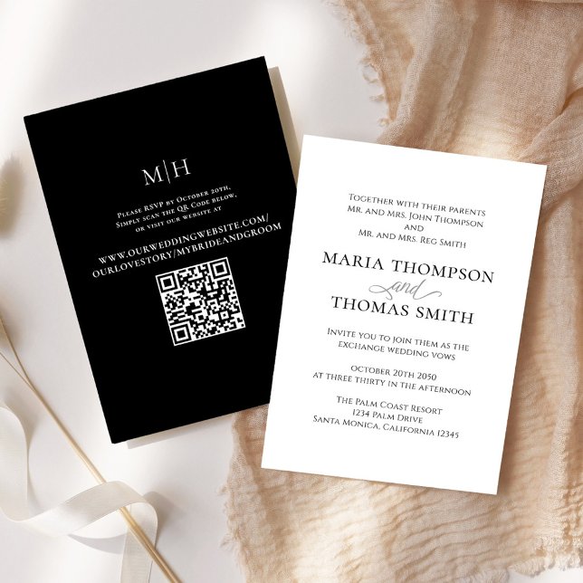 Convite Simples Mniimalista Elegante Preto e Branco (Simple black and white wedding invitation with scannable QR code. )