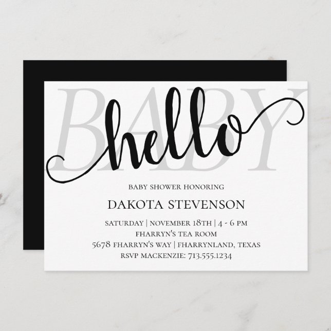 Convite Simples Modern Hello Baby | Chá de Script Flourado (Frente/Verso)