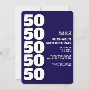 Convite Simples Moderno Aniversário de 50 anos Azul Marinh
