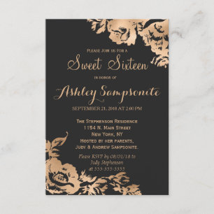 Convite Simples Moderno Dourado Floral Negro, elegante 16