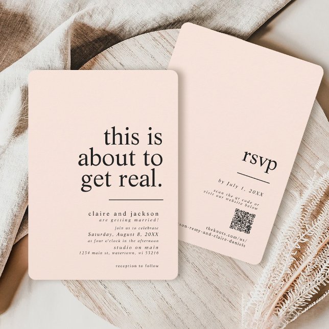 Convite Simples Moderno Isto Está Prestes a Ficar Real Cas (Simple modern minimalist blush pink black about to get real typography QR code wedding invitation)