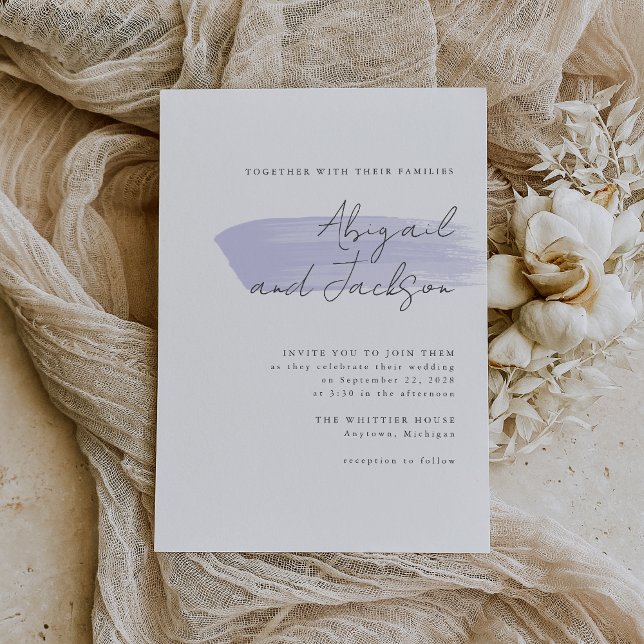 Convite Simples Moderno Lilac Escova Casamento (A simple, modern invitation for a wedding with a lilac or lavender color palette.)