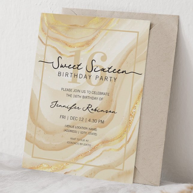 Convite Simples Moderno Mármore Doce 16 Dezesseis Festa Do (Simple Modern Marble Sweet 16 Sixteen Party Gold Invitation)